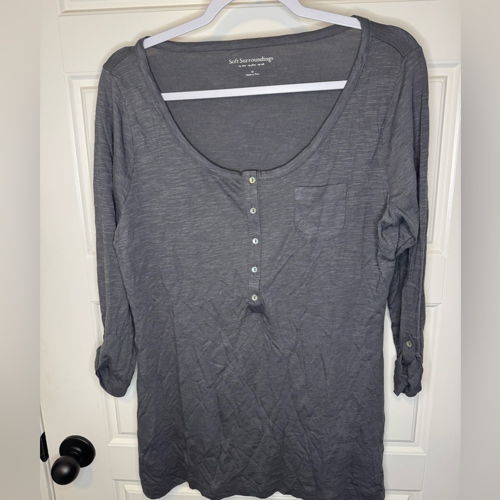 NEW Soft Surroundings Charcoal Gray Long Sleeve Henley Top, Medium